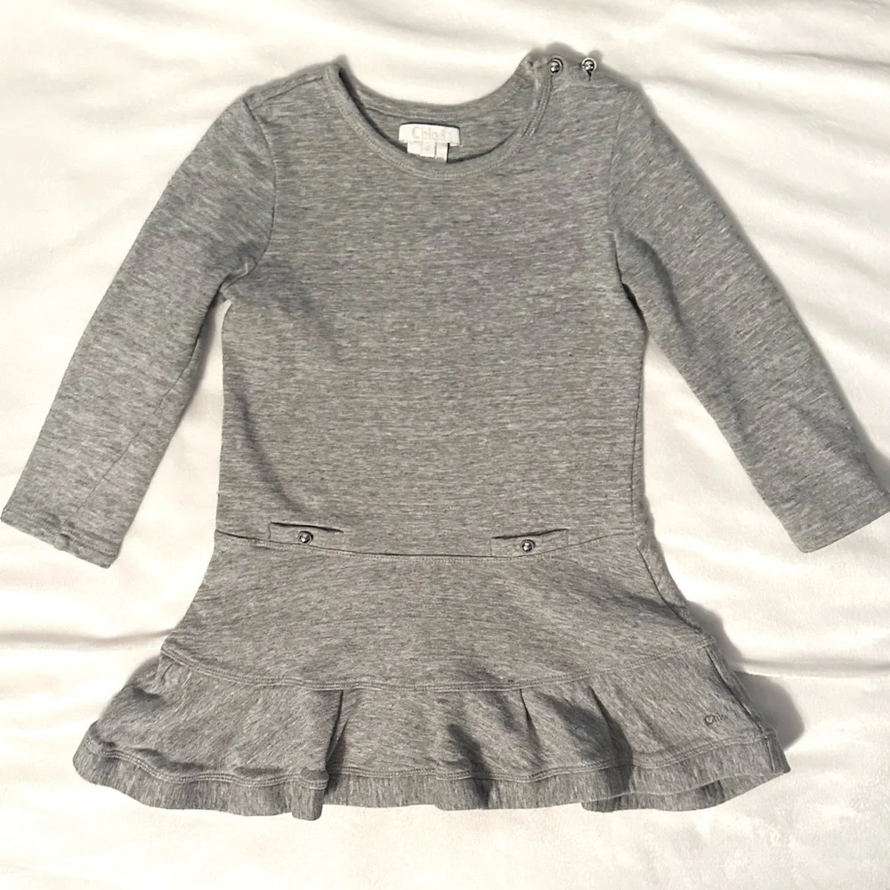 CHLOE Heather Gray Long Sleeve Flared Hem Sweater Dress Silver Buttons Girls 4